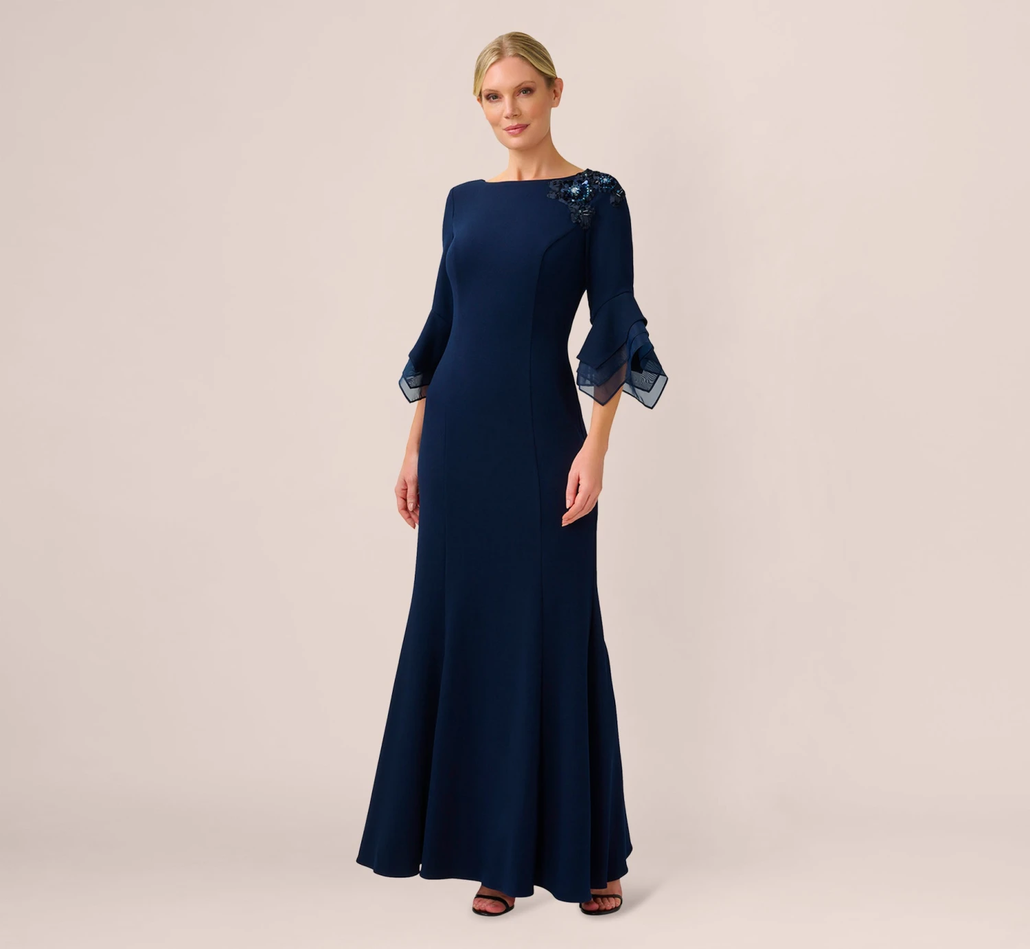 Adrianna Papell Beaded Crepe Long Fit-And-Flare Gown In Midnight 1 Adrianna Papell Beaded Crepe Long Fit-And-Flare Gown In Midnight