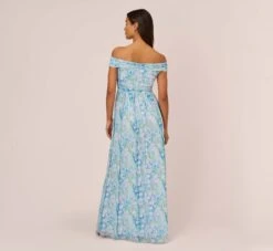 Adrianna Papell Floral-Print Off-The-Shoulder Chiffon Long Gown In Blue Multi -Allure Attire AP1E209472 AA461 Regular Back