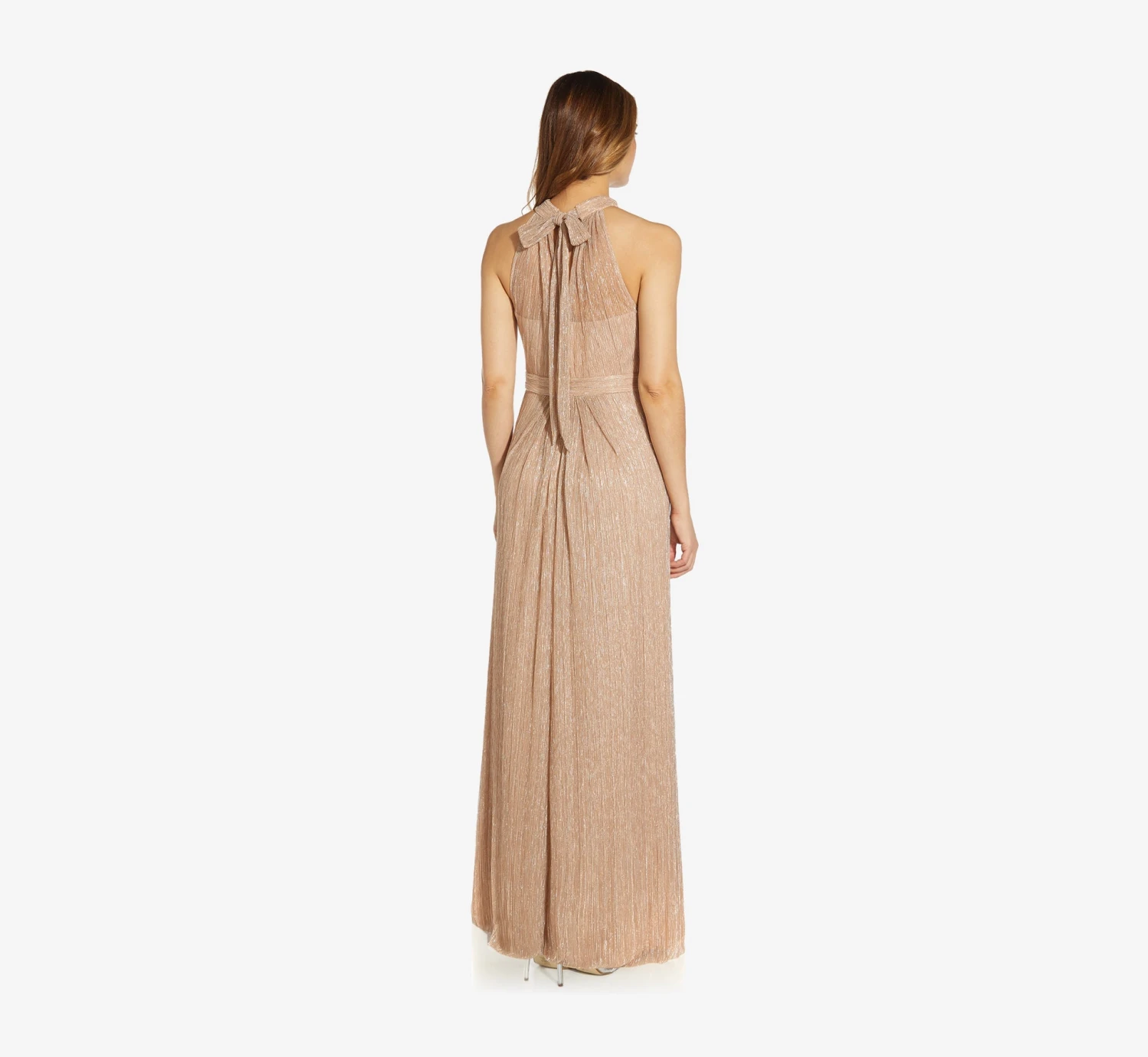 Adrianna Papell Metallic Knit Halter Long Gown In Champagne Gold 4 Adrianna Papell Metallic Knit Halter Long Gown In Champagne Gold - Image 4