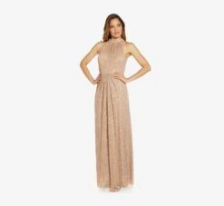 Adrianna Papell Metallic Knit Halter Long Gown In Champagne Gold 7 Adrianna Papell Metallic Knit Halter Long Gown In Champagne Gold -Allure Attire AP1E209488 AQ298 Regular Default