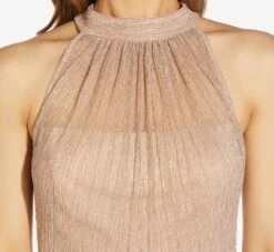 Adrianna Papell Metallic Knit Halter Long Gown In Champagne Gold 9 Adrianna Papell Metallic Knit Halter Long Gown In Champagne Gold -Allure Attire AP1E209488 AQ298 Regular Detail