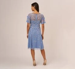 Adrianna Papell Beaded Midi Dress With Sheer Ruffled Sleeves In French Blue -Allure Attire AP1E209508 AA544 Regular Back