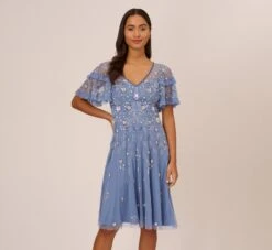 Adrianna Papell Beaded Midi Dress With Sheer Ruffled Sleeves In French Blue -Allure Attire AP1E209508 AA544 Regular Default ee8b46d8 0dc1 40a8 93ed e95a5db5db83
