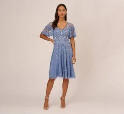 Adrianna Papell Beaded Midi Dress With Sheer Ruffled Sleeves In French Blue -Allure Attire AP1E209508 AA544 Regular Front