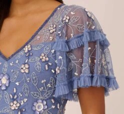 Adrianna Papell Beaded Midi Dress With Sheer Ruffled Sleeves In French Blue -Allure Attire AP1E209508 AA544 Regular Lifestyle