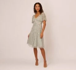 Adrianna Papell Beaded Midi Dress With Sheer Ruffled Sleeves In Frosted Sage