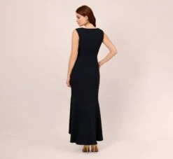 Adrianna Papell Satin Crepe High/Low Gown With Button Details In Dark Navy -Allure Attire AP1E209529 AV410 Regular Back
