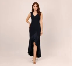 Adrianna Papell Satin Crepe High/Low Gown With Button Details In Dark Navy