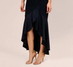 Adrianna Papell Satin Crepe High/Low Gown With Button Details In Dark Navy -Allure Attire AP1E209529 AV410 Regular Side