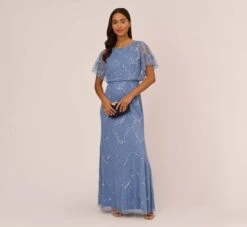 Adrianna Papell Hand-Beaded Blouson Long Gown With Flutter Sleeves In French Blue