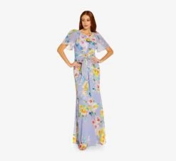 Adrianna Papell Floral Print Chiffon Long Gown In Peri Multi