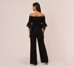 Adrianna Papell Off The Shoulder Crepe Jumpsuit With Organza Sleeves In Black -Allure Attire AP1E209617 AA002 Regular Back