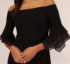 Adrianna Papell Off The Shoulder Crepe Jumpsuit With Organza Sleeves In Black -Allure Attire AP1E209617 AA002 Regular Detail