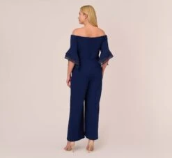 Adrianna Papell Plus Size Off The Shoulder Crepe Jumpsuit With Organza Sleeves In Navy Sateen -Allure Attire AP1E209617 AK412 Plus Back