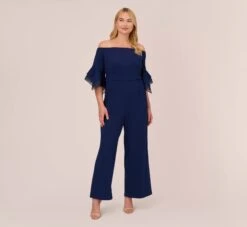 Adrianna Papell Plus Size Off The Shoulder Crepe Jumpsuit With Organza Sleeves In Navy Sateen