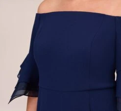 Adrianna Papell Plus Size Off The Shoulder Crepe Jumpsuit With Organza Sleeves In Navy Sateen -Allure Attire AP1E209617 AK412 Plus Detail