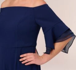 Adrianna Papell Plus Size Off The Shoulder Crepe Jumpsuit With Organza Sleeves In Navy Sateen -Allure Attire AP1E209617 AK412 Plus Lifestyle