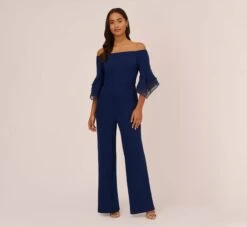 Adrianna Papell Off The Shoulder Crepe Jumpsuit With Organza Sleeves In Navy Sateen