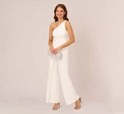 Adrianna Papell Beaded One-Shoulder Matte Jersey Jumpsuit In Ivory