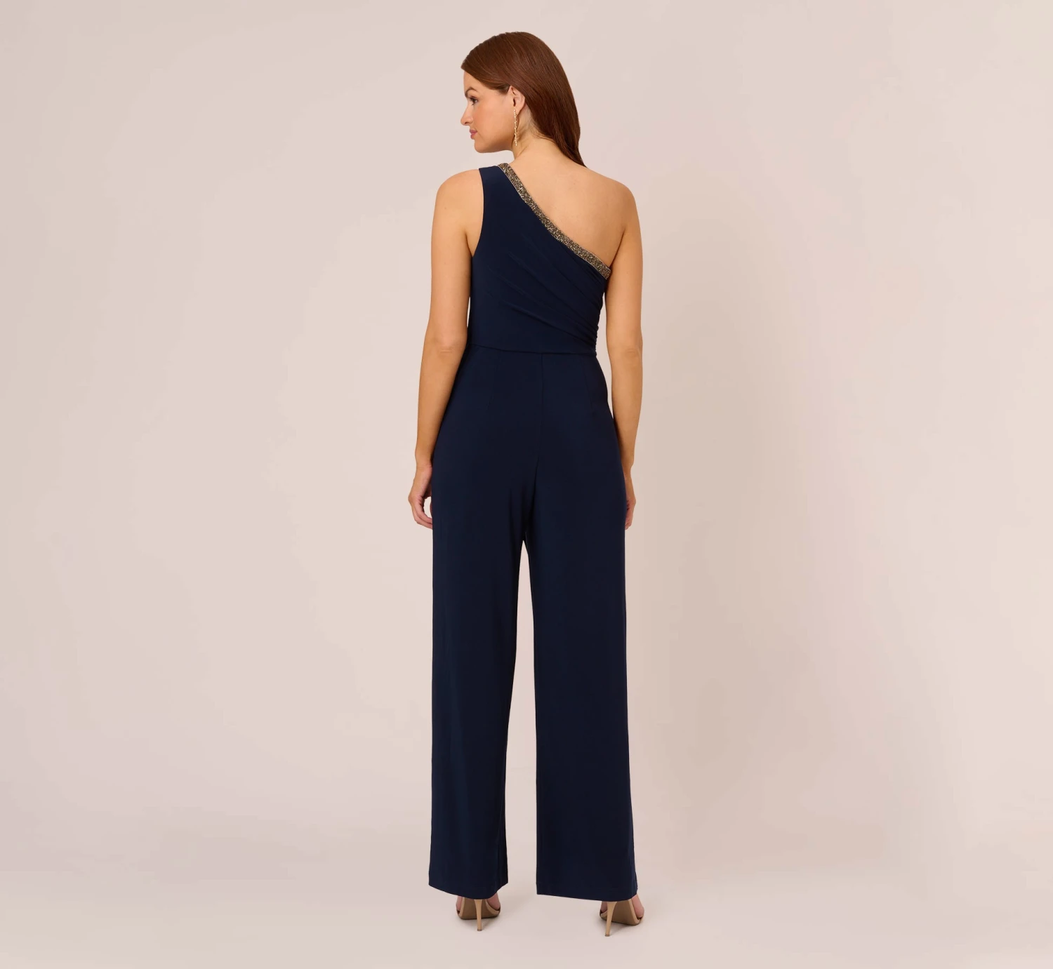Adrianna Papell Beaded One-Shoulder Matte Jersey Jumpsuit In Midnight 3 Adrianna Papell Beaded One-Shoulder Matte Jersey Jumpsuit In Midnight - Image 3