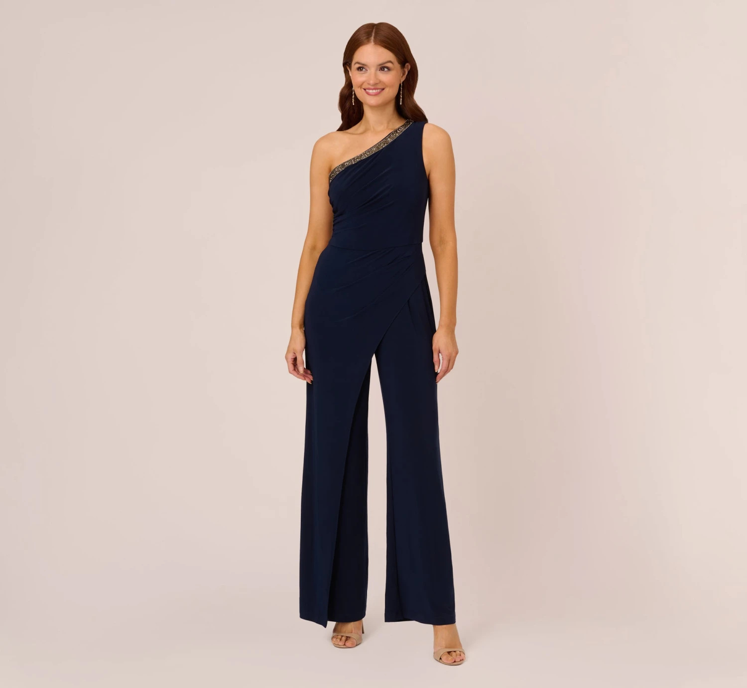 Adrianna Papell Beaded One-Shoulder Matte Jersey Jumpsuit In Midnight 1 Adrianna Papell Beaded One-Shoulder Matte Jersey Jumpsuit In Midnight