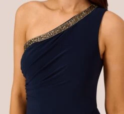 Adrianna Papell Beaded One-Shoulder Matte Jersey Jumpsuit In Midnight 9 Adrianna Papell Beaded One-Shoulder Matte Jersey Jumpsuit In Midnight -Allure Attire AP1E209618 AB411 Regular Detail