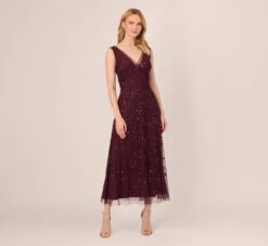 Adrianna Papell Hand-Beaded Ankle-Length Dress In Night Plum