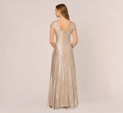 Adrianna Papell Metallic Foil Knit Draped Long Gown In Alabaster -Allure Attire AP1E209681 AB268 Regular Back
