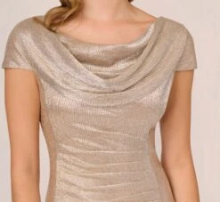 Adrianna Papell Metallic Foil Knit Draped Long Gown In Alabaster -Allure Attire AP1E209681 AB268 Regular Detail