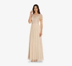 Adrianna Papell Floral 3D Hand-Beaded And Lace Illusion Long Gown In Biscotti 7 Adrianna Papell Floral 3D Hand-Beaded And Lace Illusion Long Gown In Biscotti -Allure Attire AP1E209769 AG273 Regular Alternate
