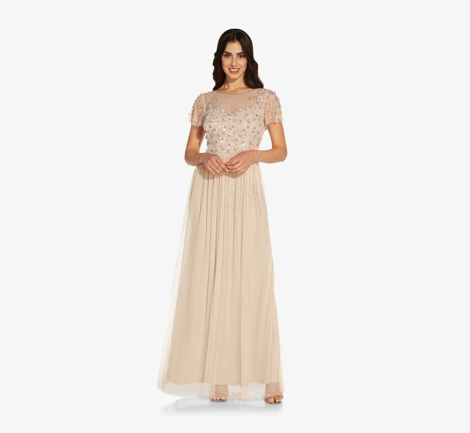 Adrianna Papell Floral 3D Hand-Beaded And Lace Illusion Long Gown In Biscotti 1 Adrianna Papell Floral 3D Hand-Beaded And Lace Illusion Long Gown In Biscotti