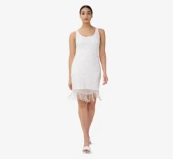 Adrianna Papell Hand-Beaded And Fringed Short Sheath Cocktail Dress In Ivory -Allure Attire AP1E209791 AA194 Regular Alternate