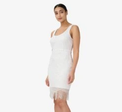 Adrianna Papell Hand-Beaded And Fringed Short Sheath Cocktail Dress In Ivory