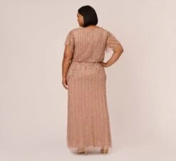 Adrianna Papell Plus Size Fleur Beaded Blouson Gown With Sheer Short Sleeves In Rose Gold 9 Adrianna Papell Plus Size Fleur Beaded Blouson Gown With Sheer Short Sleeves In Rose Gold -Allure Attire AP1E209812 AA958 Plus Back