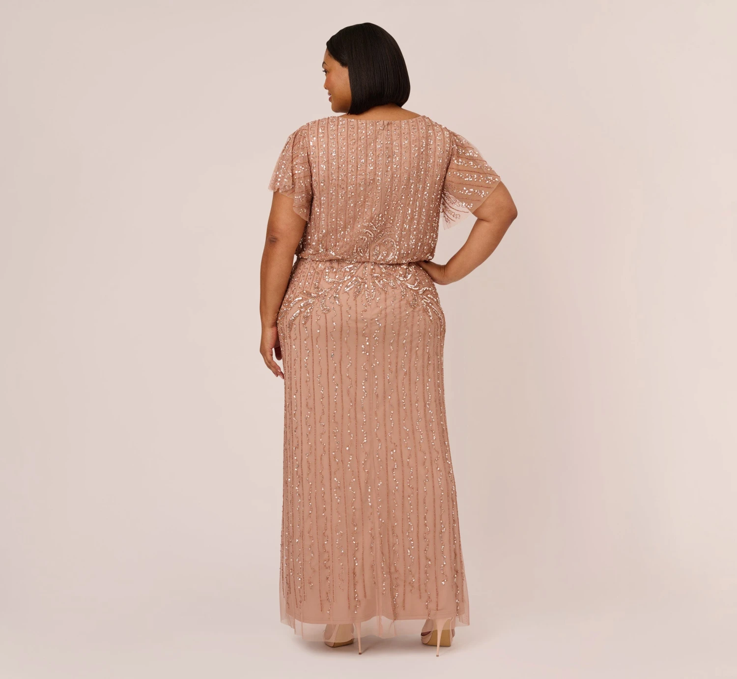 Adrianna Papell Plus Size Fleur Beaded Blouson Gown With Sheer Short Sleeves In Rose Gold 4 Adrianna Papell Plus Size Fleur Beaded Blouson Gown With Sheer Short Sleeves In Rose Gold - Image 4