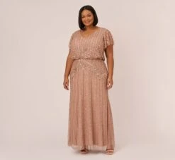 Adrianna Papell Plus Size Fleur Beaded Blouson Gown With Sheer Short Sleeves In Rose Gold