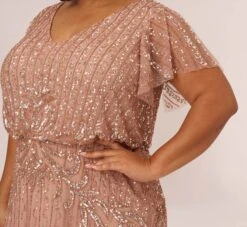 Adrianna Papell Plus Size Fleur Beaded Blouson Gown With Sheer Short Sleeves In Rose Gold 8 Adrianna Papell Plus Size Fleur Beaded Blouson Gown With Sheer Short Sleeves In Rose Gold -Allure Attire AP1E209812 AA958 Plus Detail