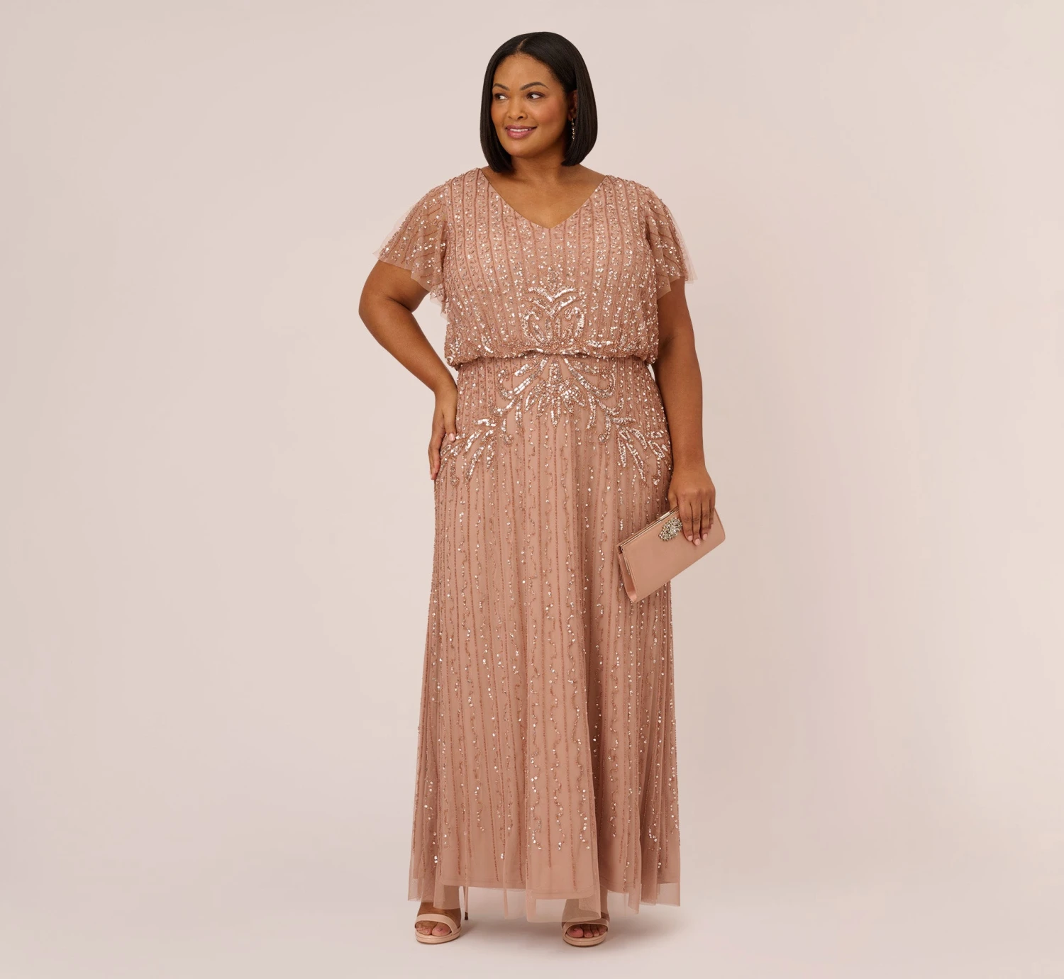 Adrianna Papell Plus Size Fleur Beaded Blouson Gown With Sheer Short Sleeves In Rose Gold 2 Adrianna Papell Plus Size Fleur Beaded Blouson Gown With Sheer Short Sleeves In Rose Gold - Image 2