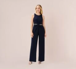 Adrianna Papell Crystal-Trimmed Crepe Jumpsuit In Midnight