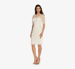Adrianna Papell Handed-Beaded Illusion Midi-Length Sheath Cocktail Dress In Ivory -Allure Attire AP1E209848 AA194 Regular Alternate