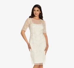 Adrianna Papell Handed-Beaded Illusion Midi-Length Sheath Cocktail Dress In Ivory