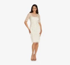 Adrianna Papell Handed-Beaded Illusion Midi-Length Sheath Cocktail Dress In Ivory -Allure Attire AP1E209848 AA194 Regular Side