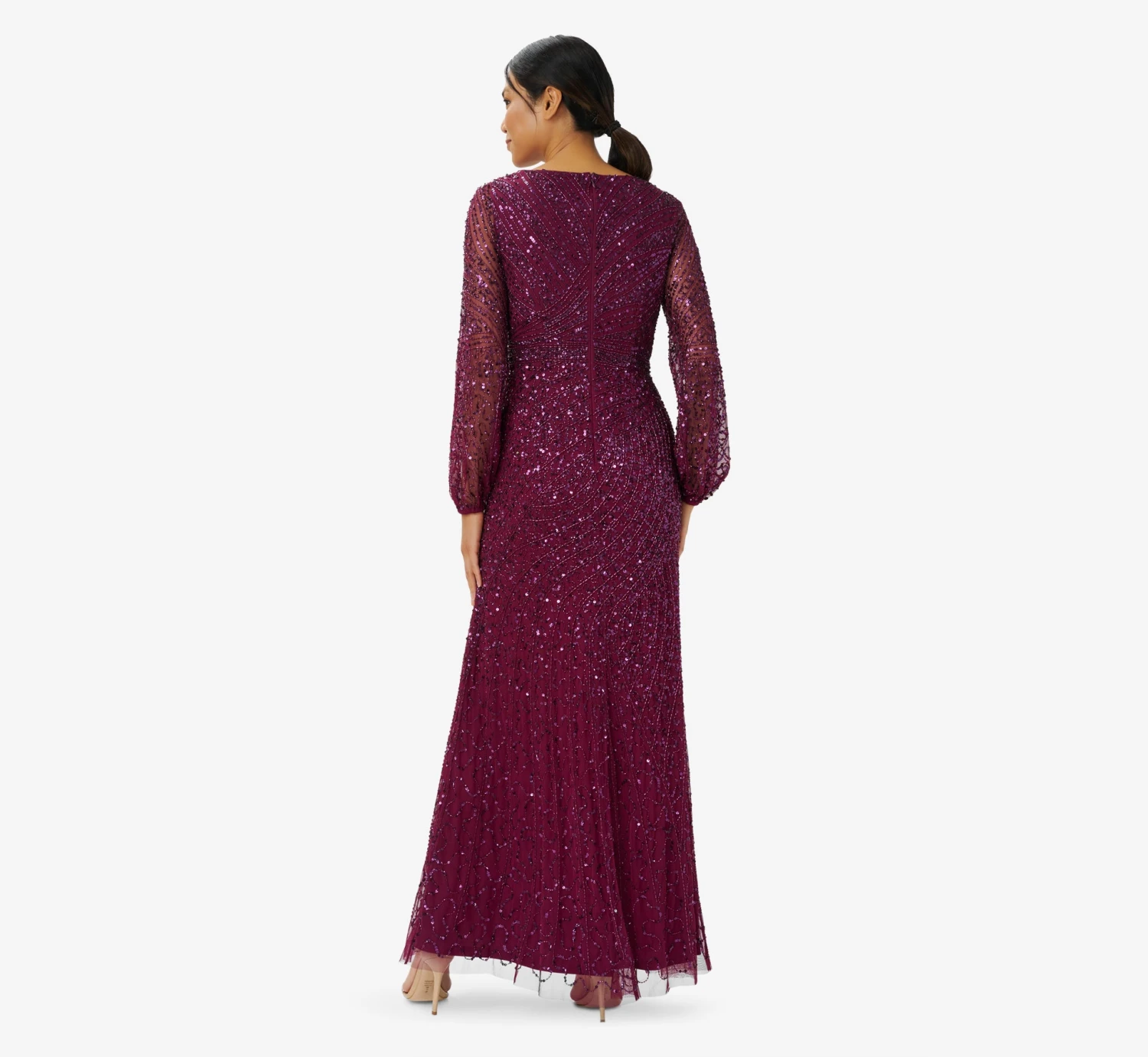 Adrianna Papell Hand-Beaded Illusion Long Gown In Bordeaux 2 Adrianna Papell Hand-Beaded Illusion Long Gown In Bordeaux - Image 2