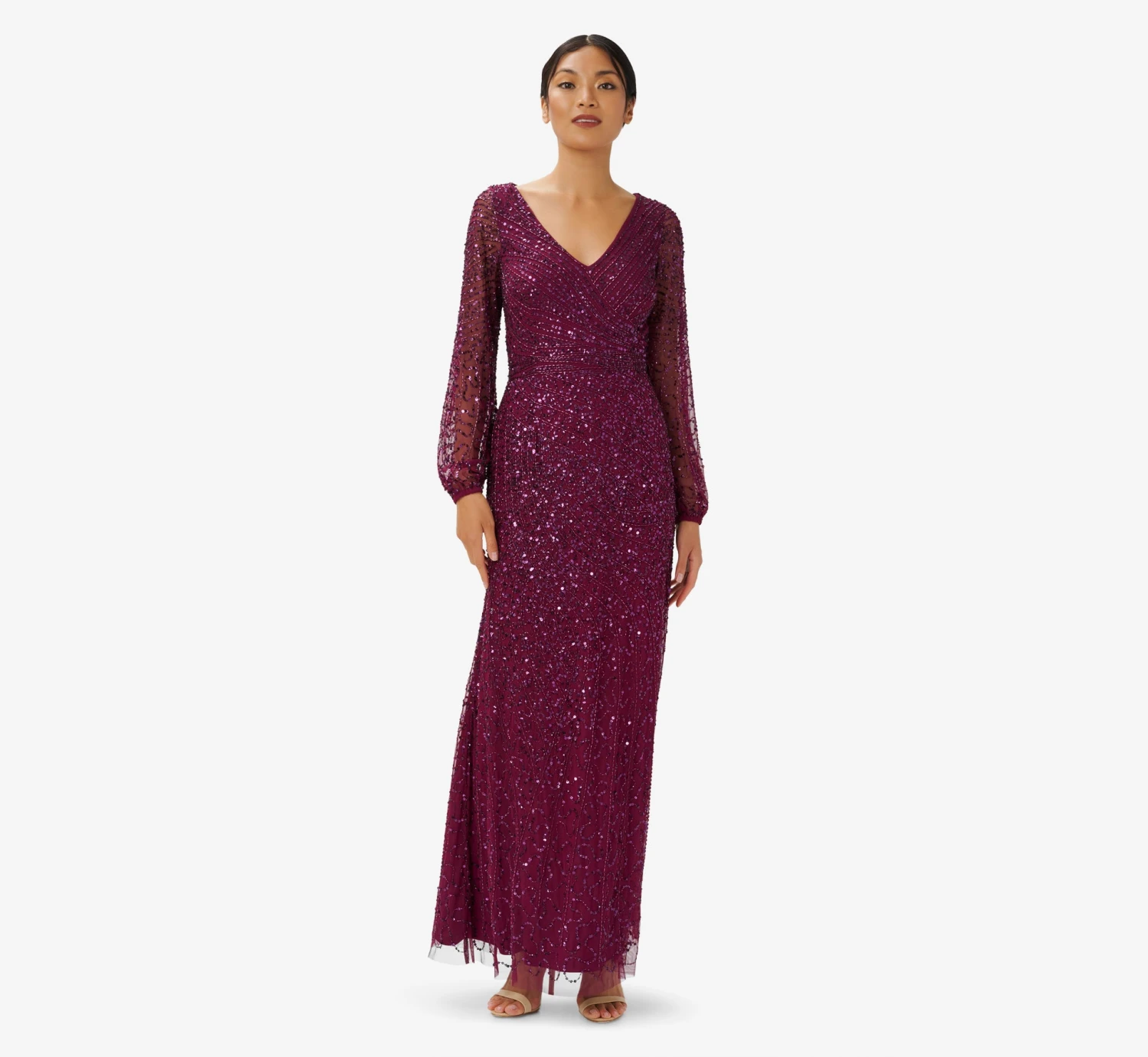 Adrianna Papell Hand-Beaded Illusion Long Gown In Bordeaux 1 Adrianna Papell Hand-Beaded Illusion Long Gown In Bordeaux