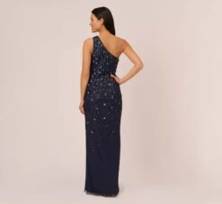 Adrianna Papell 3D Floral Hand-Beaded One-Shoulder Long Column Gown In Dusty Navy 9 Adrianna Papell 3D Floral Hand-Beaded One-Shoulder Long Column Gown In Dusty Navy -Allure Attire AP1E209866 AK469 Regular Back