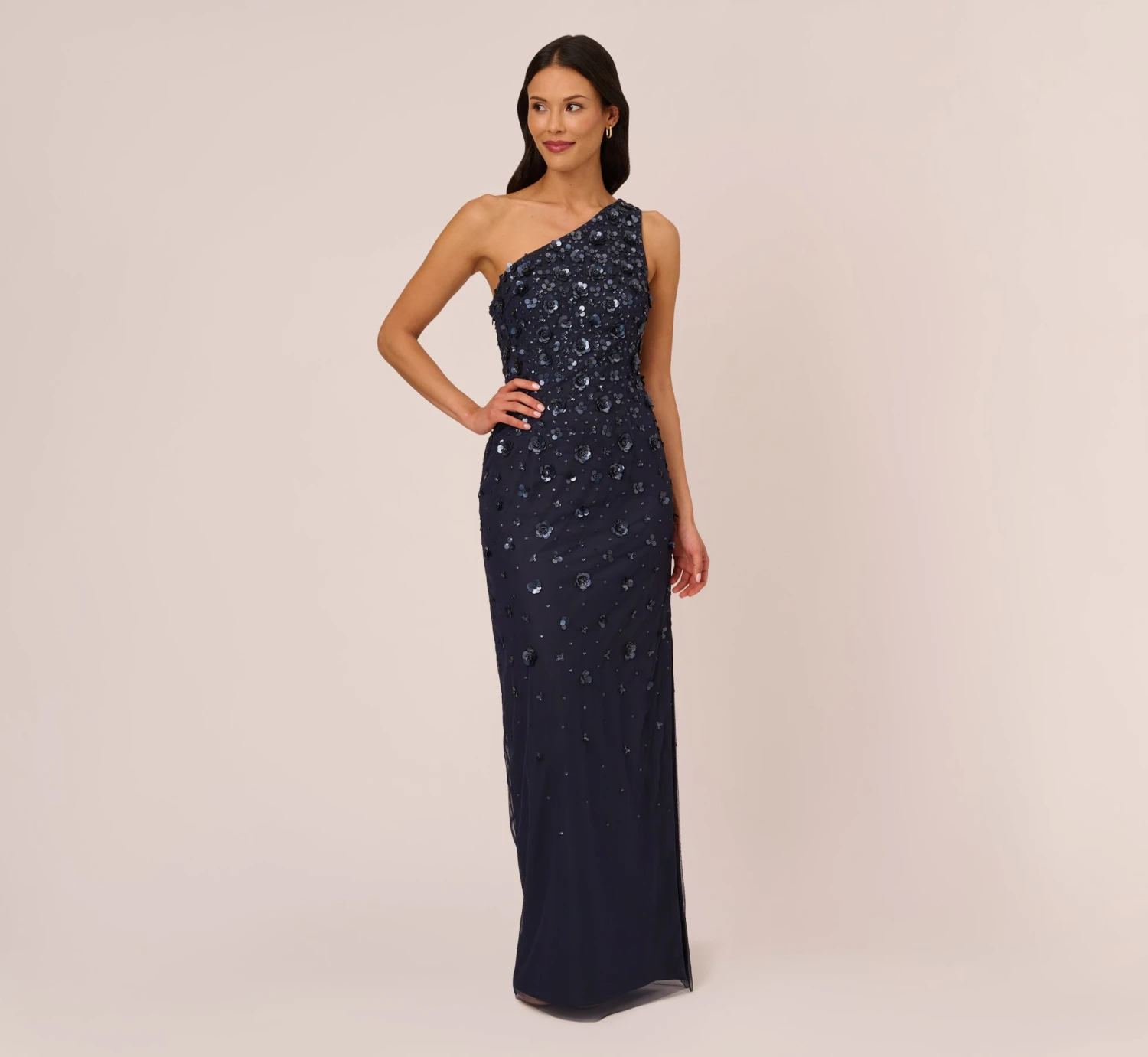 Adrianna Papell 3D Floral Hand-Beaded One-Shoulder Long Column Gown In Dusty Navy 1 Adrianna Papell 3D Floral Hand-Beaded One-Shoulder Long Column Gown In Dusty Navy