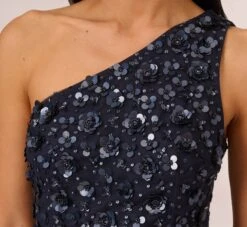 Adrianna Papell 3D Floral Hand-Beaded One-Shoulder Long Column Gown In Dusty Navy 10 Adrianna Papell 3D Floral Hand-Beaded One-Shoulder Long Column Gown In Dusty Navy -Allure Attire AP1E209866 AK469 Regular Detail