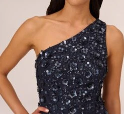 Adrianna Papell 3D Floral Hand-Beaded One-Shoulder Long Column Gown In Dusty Navy 8 Adrianna Papell 3D Floral Hand-Beaded One-Shoulder Long Column Gown In Dusty Navy -Allure Attire AP1E209866 AK469 Regular Lifestyle