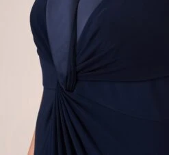 Adrianna Papell Plus Size Matte Jersey Twist Front Tuxedo Long Gown In Midnight -Allure Attire AP1E209882 AB411 Plus Detail