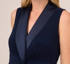 Adrianna Papell Plus Size Matte Jersey Twist Front Tuxedo Long Gown In Midnight -Allure Attire AP1E209882 AB411 Plus Lifestyle